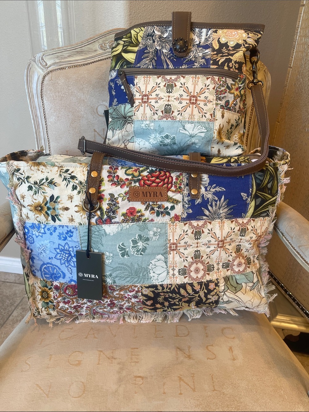 Myra- Sundial Hollow Weekender
Bag In Multi Patch with matching handbag